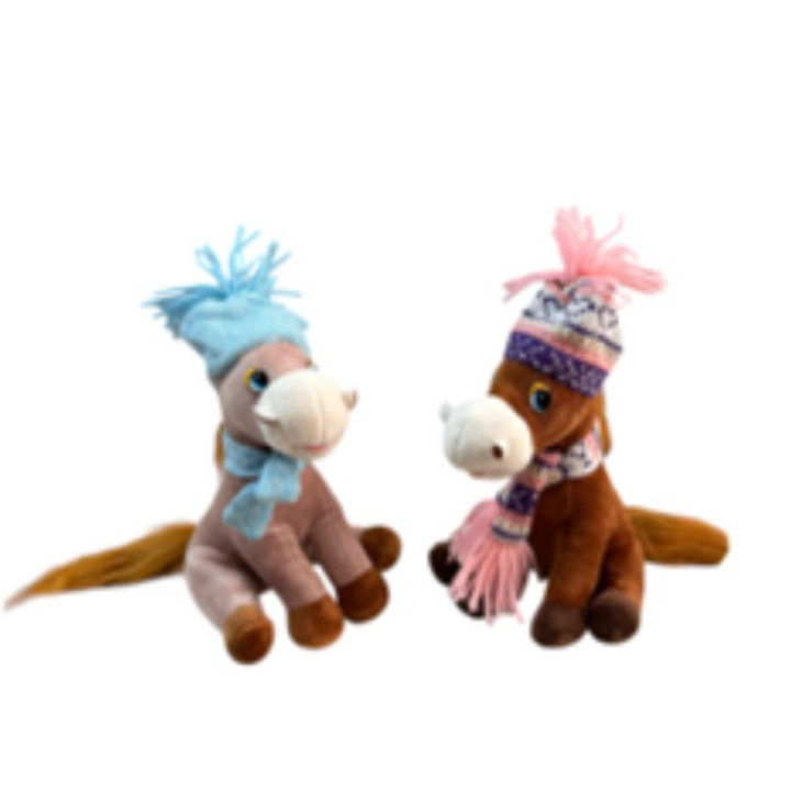 Мягкая игрушка Лошадка с шарфом и шапкой 20см