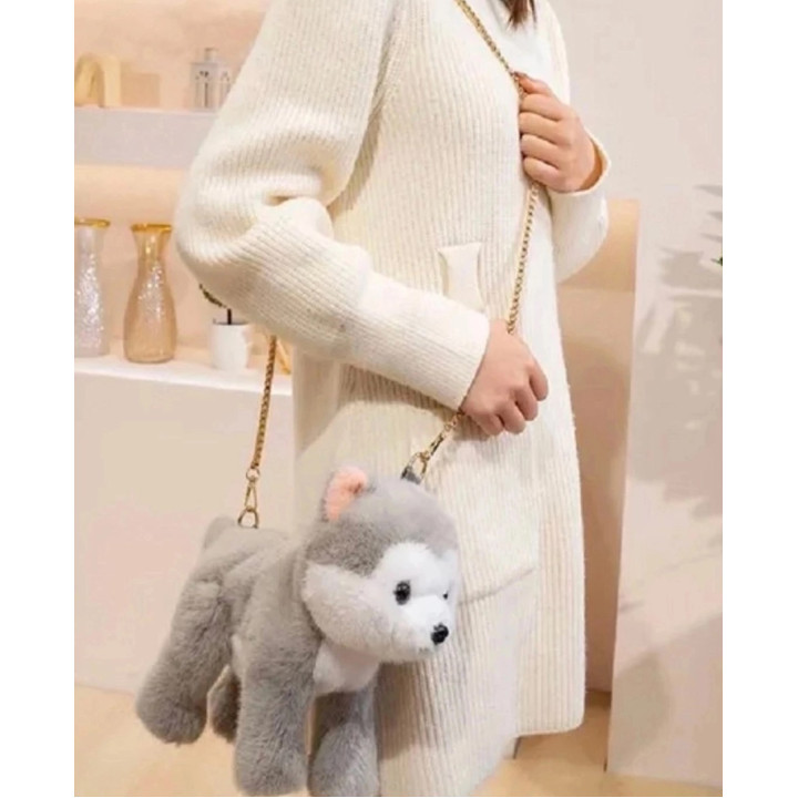 Мягкая игрушка сумочка собака Хаска с золой цепочкой